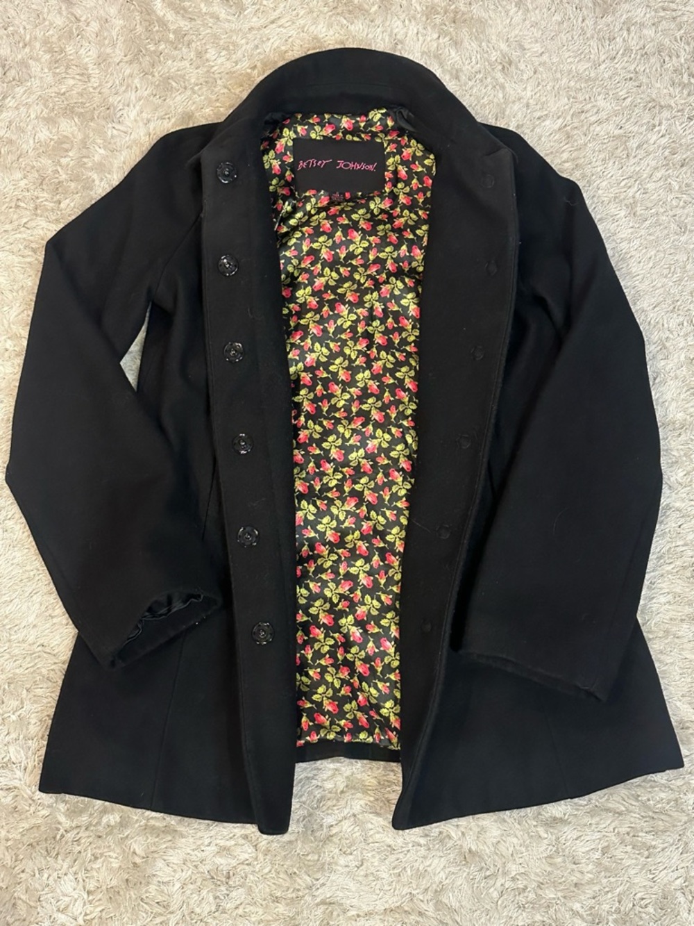 Betsey Johnson Black Pea Coat with Floral Lining